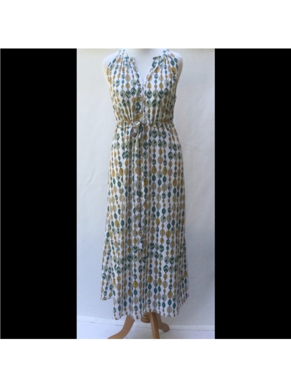 eshakti White Maxi Dress with Green and Mustard Geometric Print